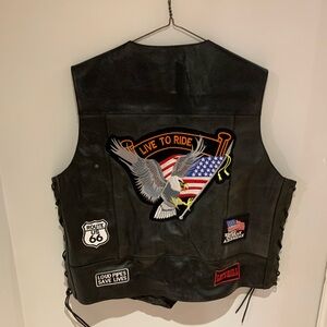 Vest Leather Biker Black Real Cow Motorcycle 9 Patches US Flag Eagle MC ELM3930